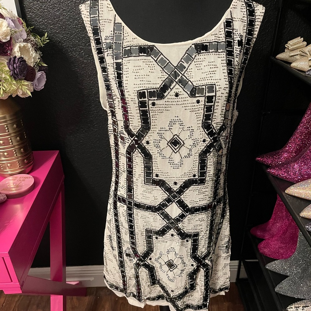 FREE PEOPLE Rare Black Embellished Beige Dress